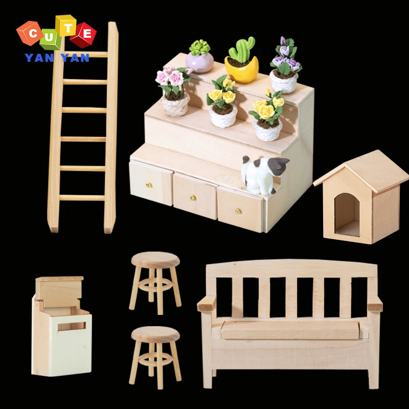 

1:12 Doll House Miniatures Accessories Furniture Suitable for Garden Courtyard Decor Ladder Potted Cabinet Backrest Bench Model