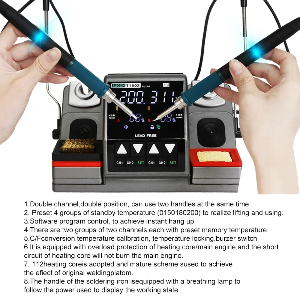 SUGON T1602 Soldering Station T12 Handle Double station Digital Rework Phone Repair BGA SMD Solder Tool Welding Station 3