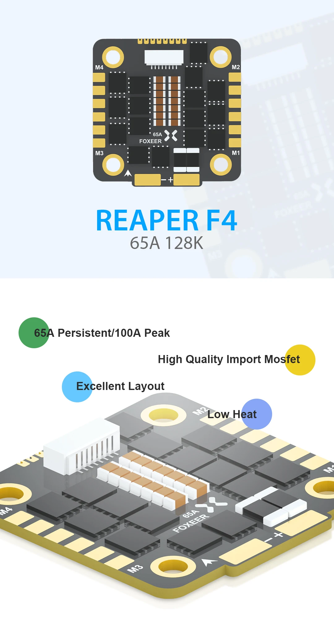 Description Picture 4 of itemFoxeer Reaper F4 128K 65A 30X30mm BLHELI32 4in1 Brushless ESC 3-8S DSHOT1200 for Flight Controller Stack RC FPV Racing Drone DIY