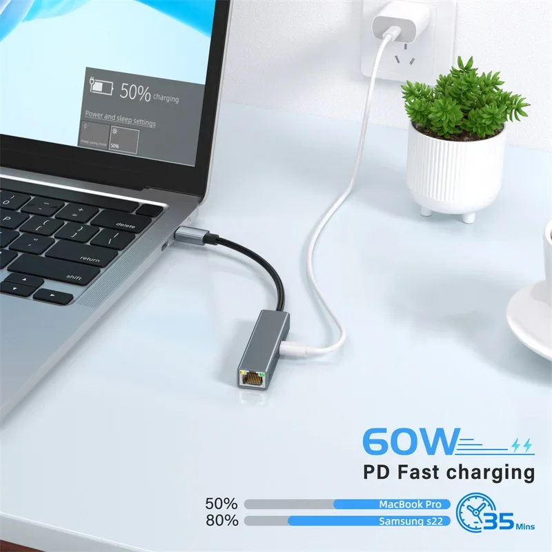 2 in 1 USB Type C to RJ45 USB-C Converter HUB PD 60W Fast Charging Type-C Network Card Lan Gigabit Adapter Cable For PC Notebook 5