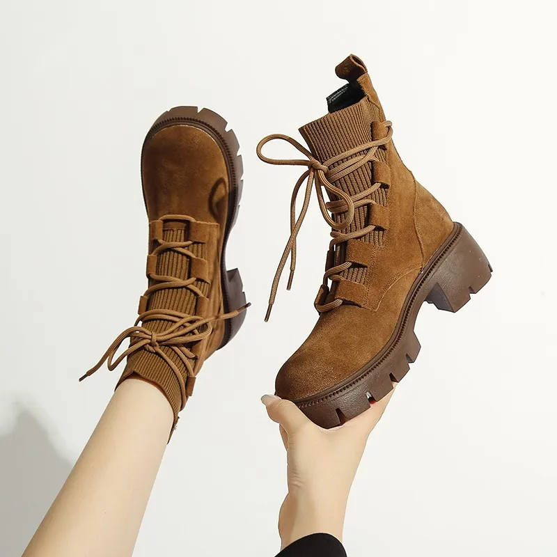 Women Boots Rubber Short Ankle Female Shoes for Women Winter Platform Thick Boots 2023 New Round Toe Cross-Tied Black Boots New