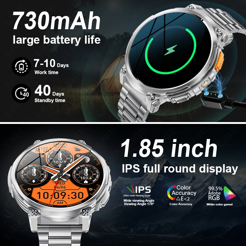 LIGE K66 Smart Watch Men Flashlight Bluetooth Call 1.85inch 128MB Memory 730mAh Large Battery LED Light Outdoor Sport Smartwatch