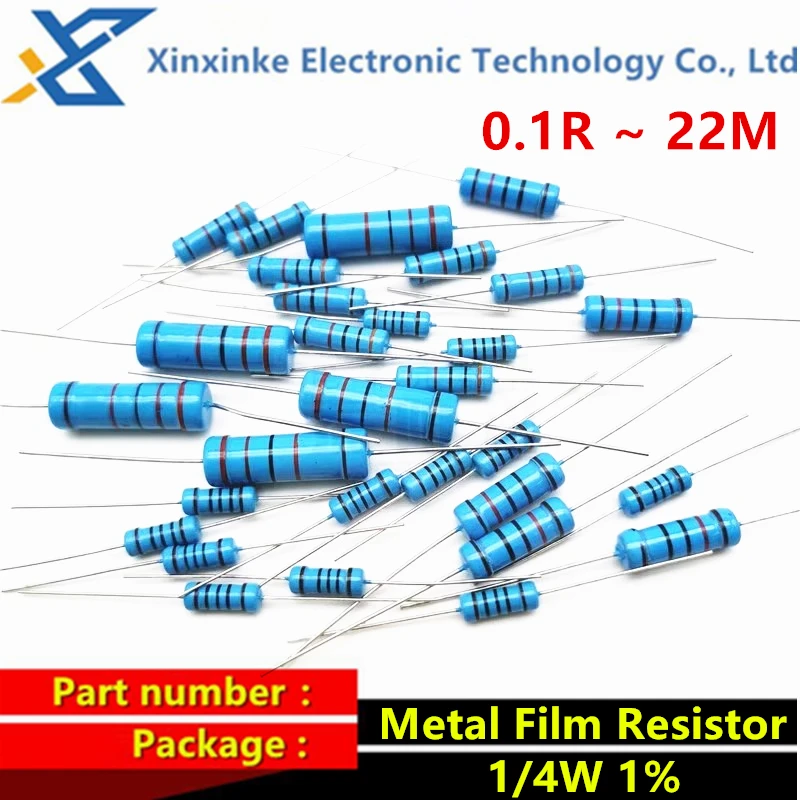 100PCS 1/4W Resistance 1% Metal Film Resistor 1R 1M 100R 220R 330R 1K 1.5K 2.2K 3.3K 4.7K 10K 22K 47K 100K 100 220 330 1K5 2K2