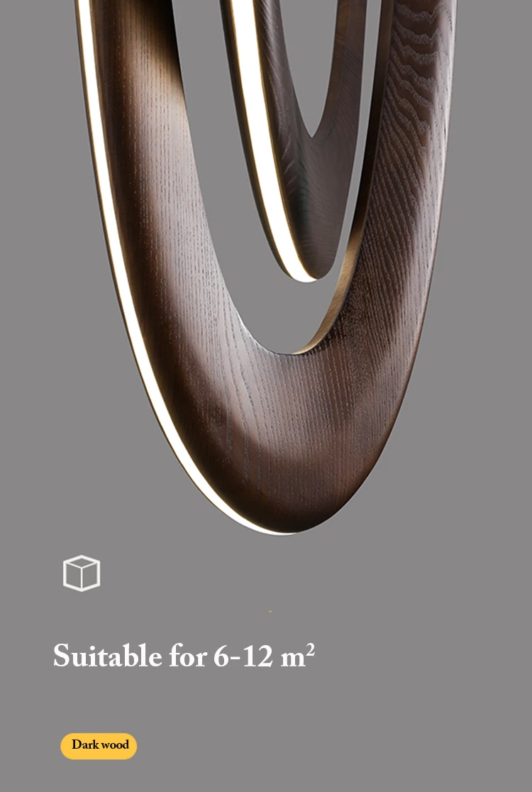 Close-up of the Double Curve Wood Pendant Light, a handcrafted ring-shaped fixture in dark wood, set against a plain grey background with text stating "Suitable for 6-12 m².