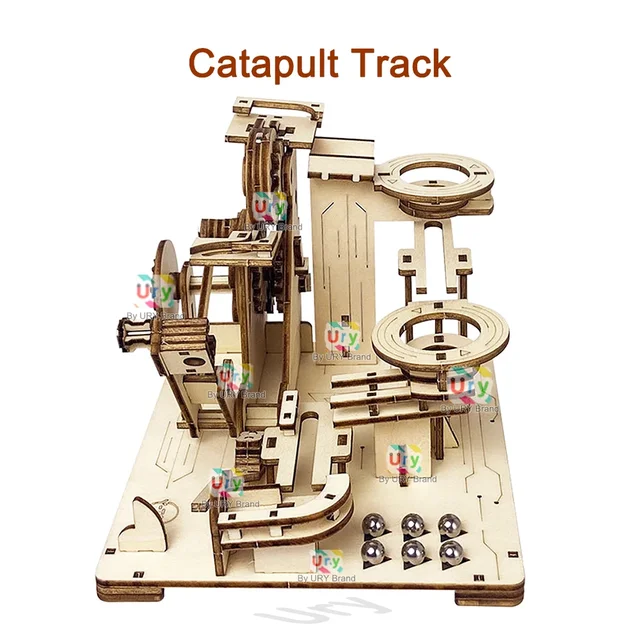 Ury 3D Wooden Puzzles Catapult Track Device Marble Run Set Mechanical Manual Model Science Maze Ball Assembly Toy Gift for Boys 3