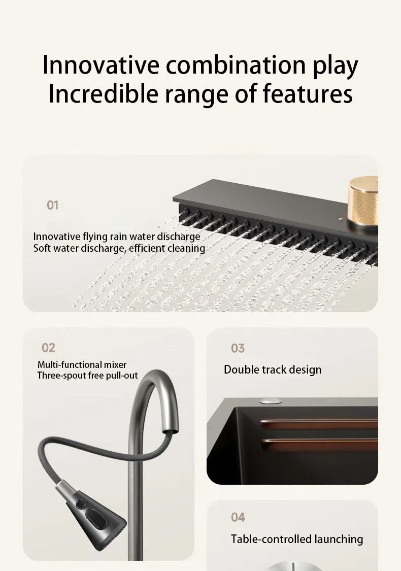 Description Picture 4 of itemWaterfall Sink Kitchen Stainless Steel Topmount Sink Large Single Slot Wash Basin With Multifunction Touch Waterfall Faucet