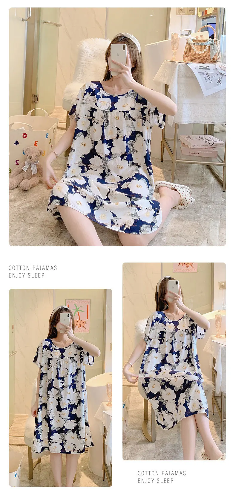 Summer Cotton Silk Nightgown Women's Home Wear Short-Sleeved Cartoon Print Pajamas Burst Large Size Spring and Autumn Home Wear