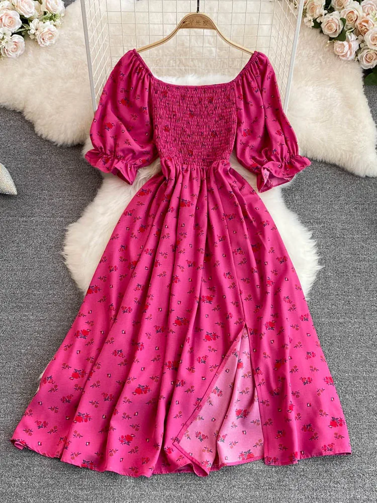 

Women Summer Dress New French Gentle and Sweet Square Neck Bubble Short Sleeve Waist Wrapped Slim Split A-line Dress D5004