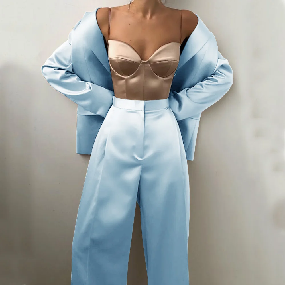 Women's Full Suit Street Fashion Style Elegant Ladies Casual Simple Satin Two Piece Suit (jacket + Pants) Single Breasted