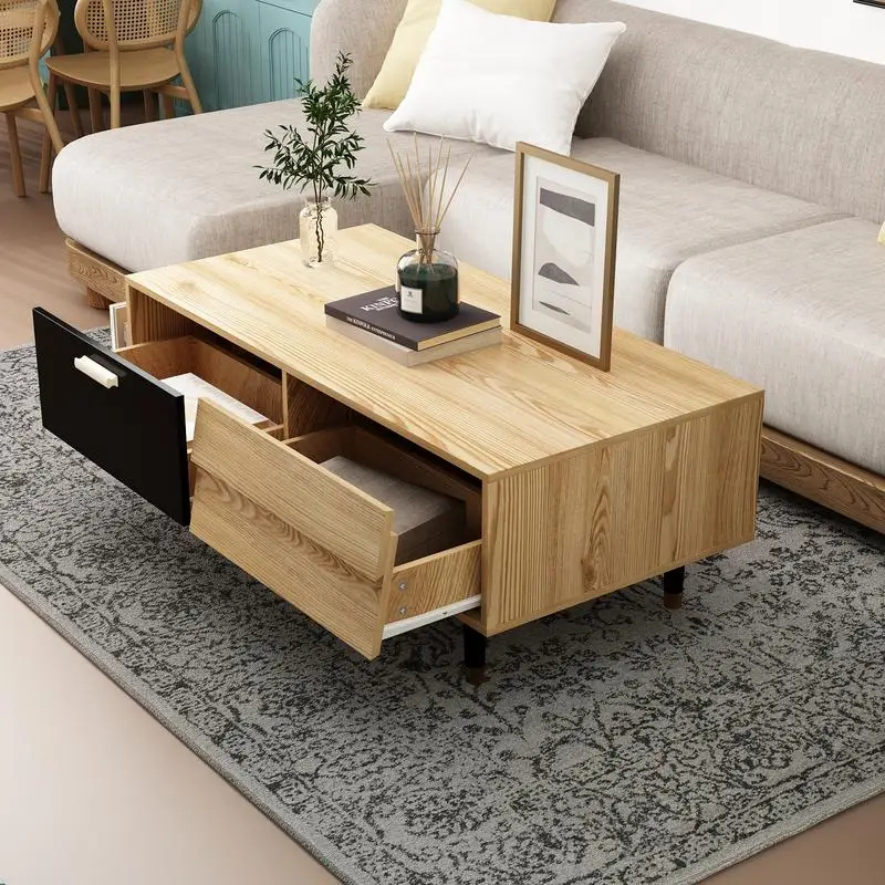 

39" Coffee Table with Storage, Contemporary Rectangle Coffee Table Center Table with Drawers, Open Shelves & Solid Legs for Livi