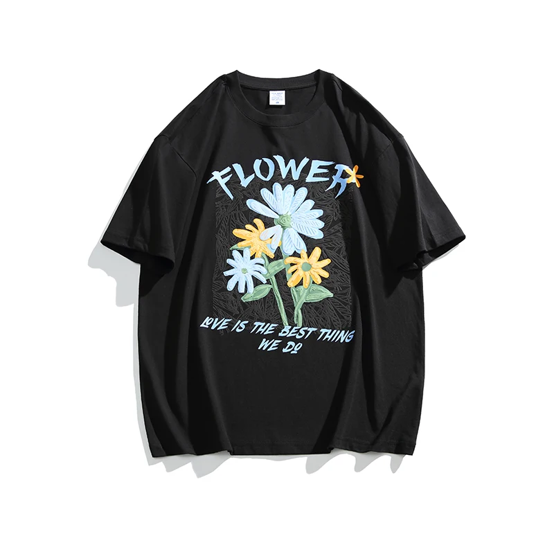 

Summer Men Flower Printing Round Collar T-Shirt Hip Hop Cotton Short Sleeve Unisex Black Drop Shoulder Tees Fashion Streetwear