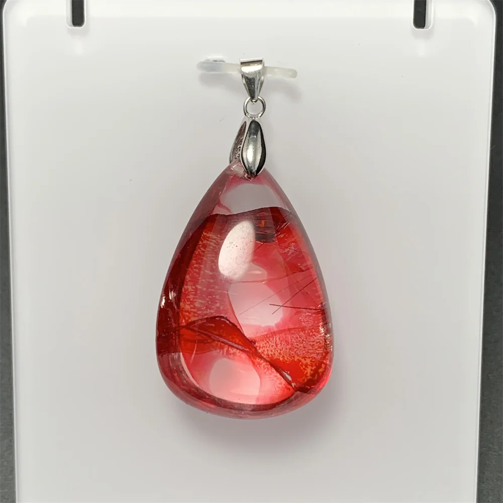 Treated Fire Quartz Pendants Women Natural Water Drop Crystals Necklaces 925 Silver Red Limonite Phantom Beads Rainbow Flashes