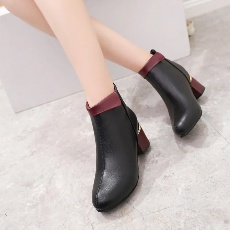 Women's Ankle Boots Pumps Winter Autumn Ladies Plush Warm High Heels Leather Fashion Pointed Toe Zipper Short Women Botas