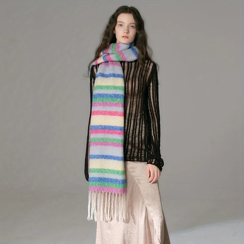 Warm and Soft Stripe Fringe Scarf for Women, Perfect for Autumn Winter, as Oneself Friends Family Gifts, Rainbow-Stripe