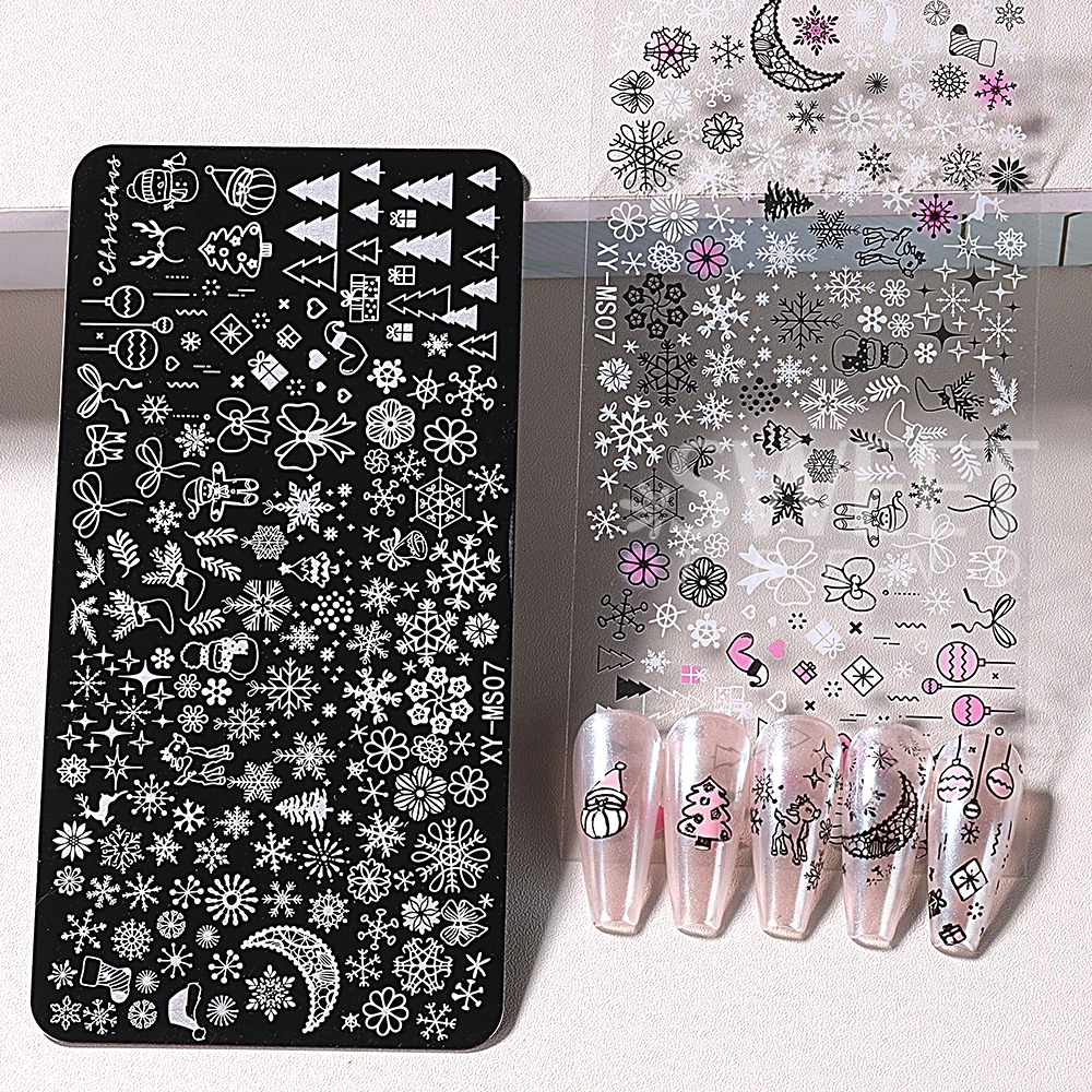 12pcs 크리스마스 네일 스탬핑 플레이트 크리스마스 눈송이 엘크 활 프랑스어 패턴 인쇄 스텐실 템플릿 스탬프 플레이트 매니큐어 도구