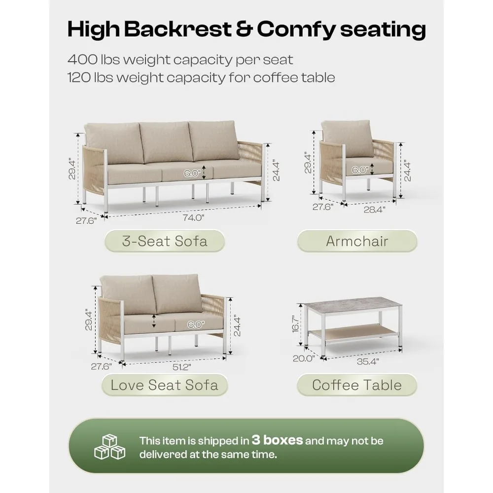 Aluminum Outdoor Patio Furniture Set,HDPE Rope 4 Piece Modern Sectional Conversation Sets with Dual-Layer Coffee Table, 6