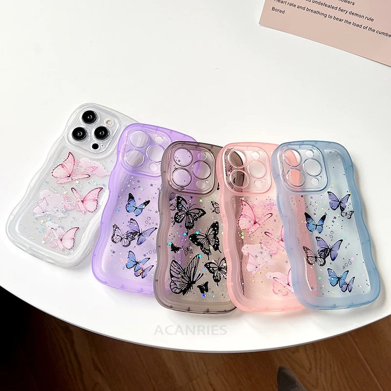 Glitter Cover Per IPhone 16 Pro Con Cordino – Custodia Con Laccio A Collana, Motivi Farfalla E Onde, Silicone Trasparente Antiurto, Bianco