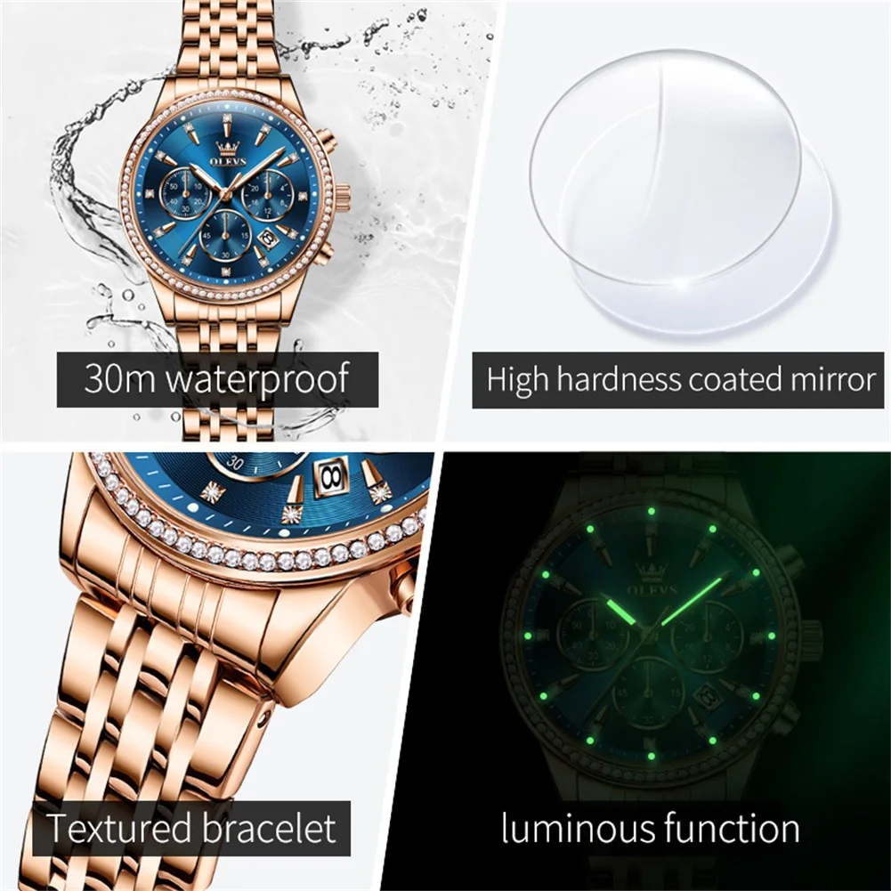 OLEVS Fashion Rose Gold Blue Quartz Watch for Women Luxury Stainless Steel Waterproof Luminous Chronograph Watches Womens