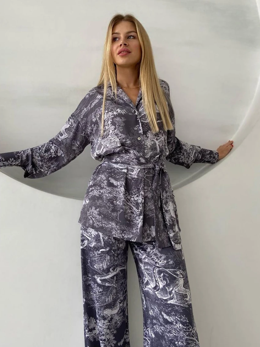 Marthaqiqi Printing Women Pajama Set Turn-Down Collar Nightwear Long Sleeve Nightgowns Pants Casual Female Nightie 2 Piece Suits