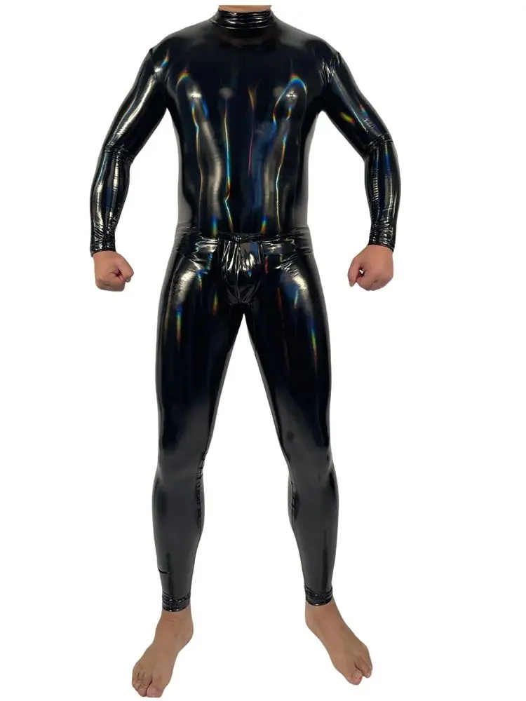 Mens Laser Colorful Wet Look Catsuit Shiny PU Leather Bodysuit Tights Cosplay Leotard Conjoined Unitard Jumpsuit Shapers M-4XL