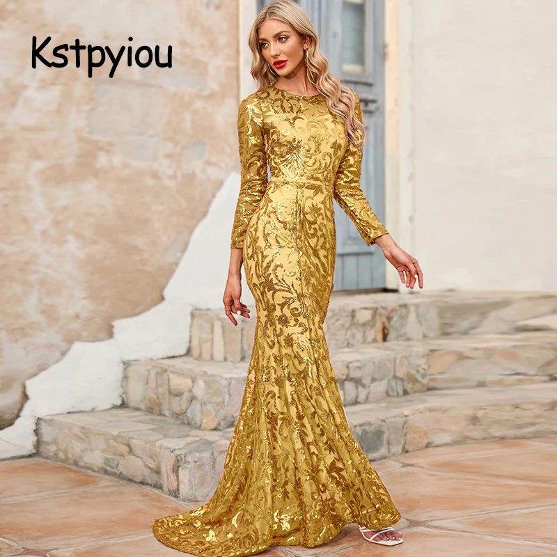 Women Party Dresses Kstpyiou Ball Gown Evening Sequin Glitter Prom Plus Curve Size Cocktail Lady Robe De Mother Of The Bride