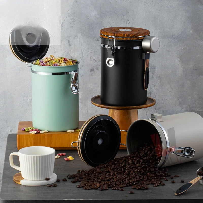 Coffee Bean Storage Tank Stainless Steel Kitchen Sealed Jar Tea Powder Storage Jar with Timetable Exhaust Valve Jars
