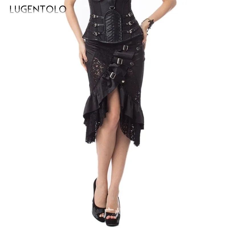 

Women Lace Gothic Skirt Punk Rock Party High Waist Irregular Nwe Solid Female Fashion Street Personality Long Skirts Lugentolo