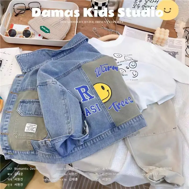 

Korean Version Of Children's Clothing For Boys And Girls In Spring New Printed Letters Smiley Face Patchwork Denim Jacket Boys