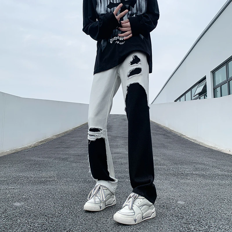 

Split Color Jeans Men High Street Ins Hiphop Style Ripped Holes White Black Color Big Size