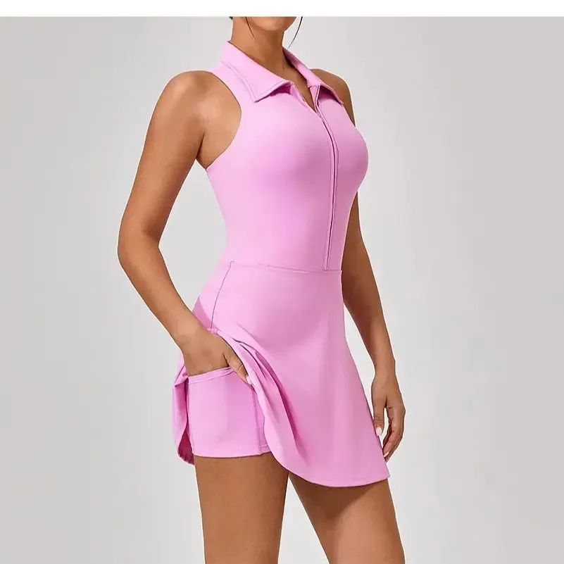 Sleeveless Zipper Workout Athletic Dresses,Tennis Skirt Dress for Women Golf Dress with Built in Shorts and Pockets badminton