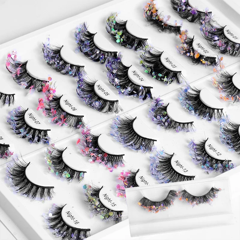 

16 Colored Sequins False Eyelashes Glitter 8D Faux Mink Eye Lashes Extension Supplies Colorful Thick Fake Eyelashes for Party