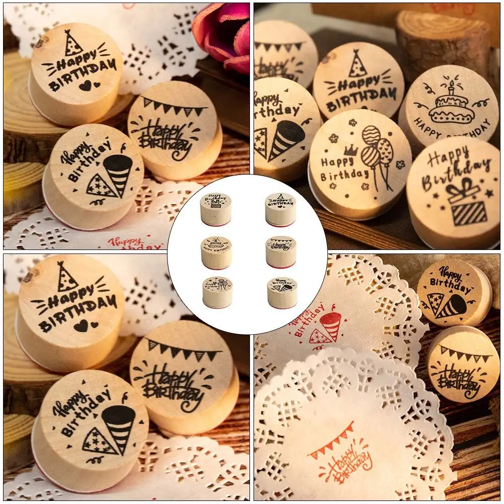 6Pcs 프리미엄 나무 원형 씰 크리 에이 티브 DIY 공예 스크랩북 저널 플래너 스탬프 세트 어린이를위한 생일 장식 빈티지
