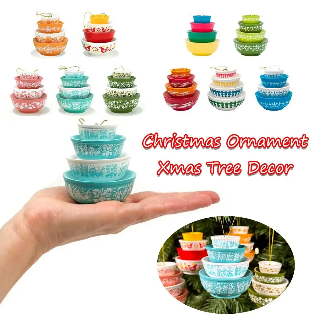 Christmas Stacking Bowls Ornament Retro Nesting Bowls Xmas Tree Hanging Decoration Miniature Resin Pendant for Kitchenware Decor