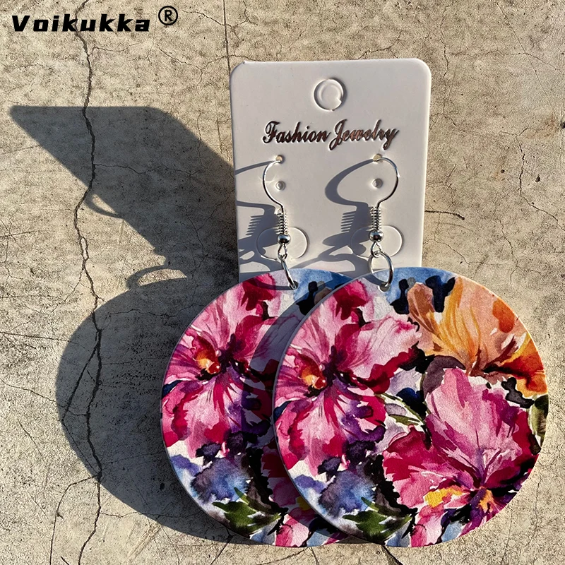 Voikukka Jewelry 6 CM Circle Floral Double-sided Printing Flowers Country Style Wooden Pendant Drop Fashion Earrings For Women