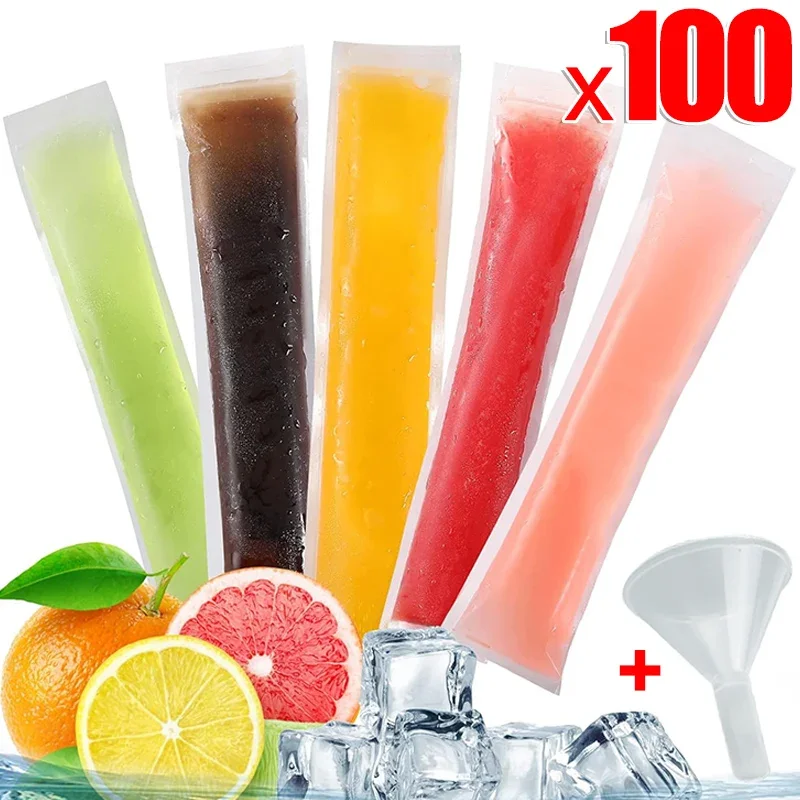100/1Pcs Disposable Ice Pop Mold Bag Large Freeze Popsicle Sealed Bags DIY Juice Yogurt Smoothie Bag With Funnel Ice Cream Tool