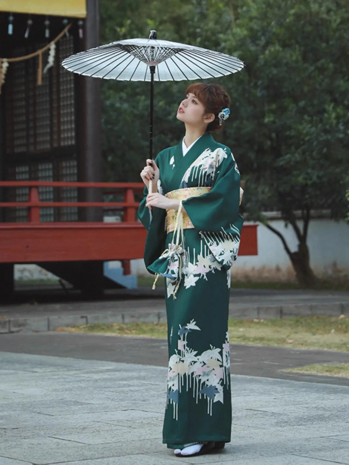 

Retro Green Kimono With Handbag Japanese Yukata Cute Girl Japanese Improved Dress Photography