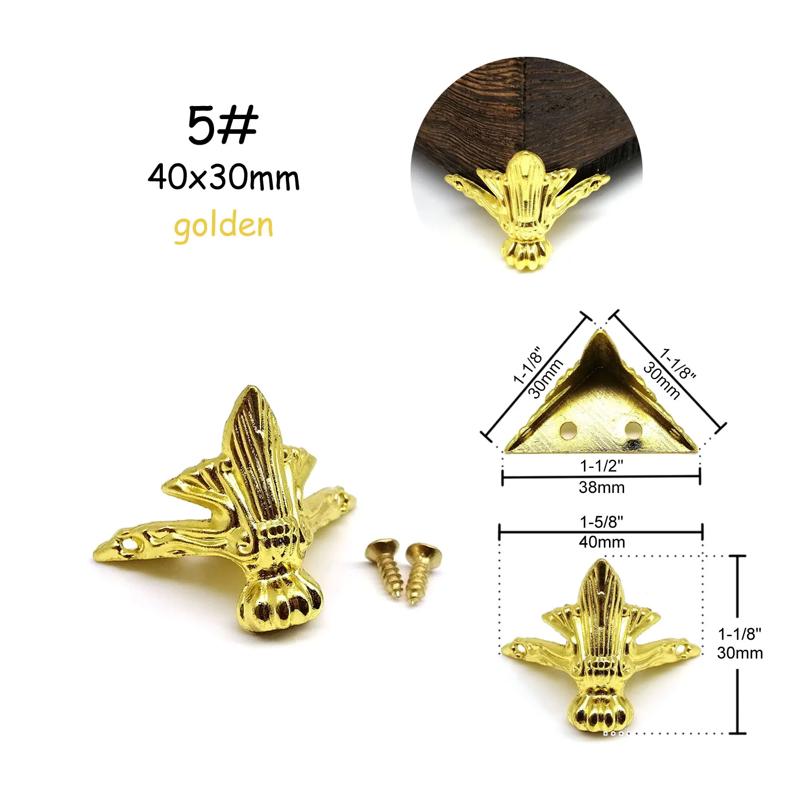 4pcs Jewelry Chest Wood Box Gift Wine Case Decorative Feet Leg Corner Protector Support Bracket with screws Golden Silver Bronze