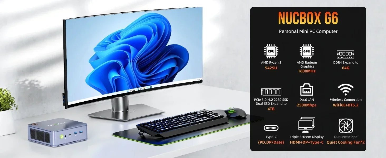 Мини-ПК GMKtec G6 AMD Ryzen 3 5425U Windows 11 Pro Мини-ПК DDR4 16