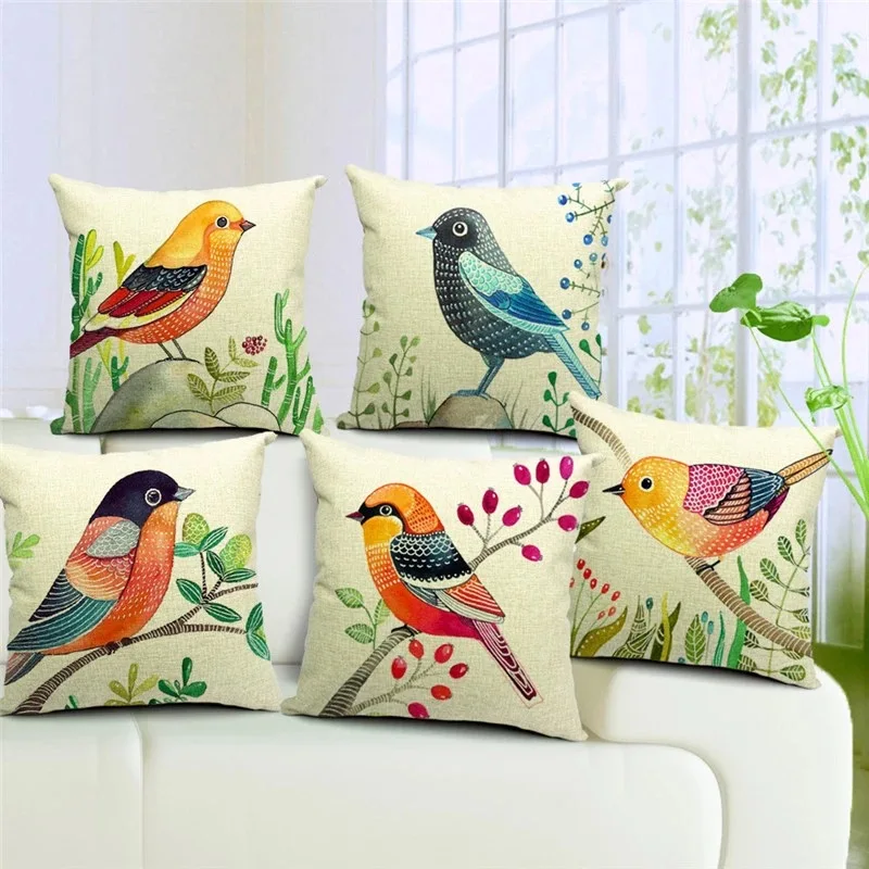 

Summer Bird Pillowcase Colorful Bird Cotton Linen Pillow Case Bed Sofa Living Room Decoration Throw Pillow Cover Home Decor