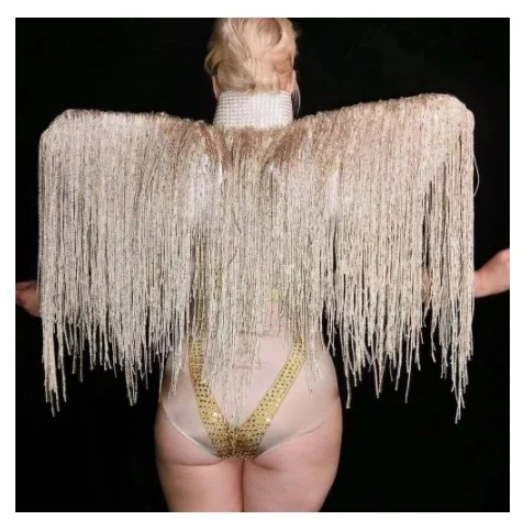 Women Sexy Stage costume Nightclub Party Stage Wear Dancer Singer Bodysuit Gold Tassel Cape Sparkling Crystals Jumpsuit