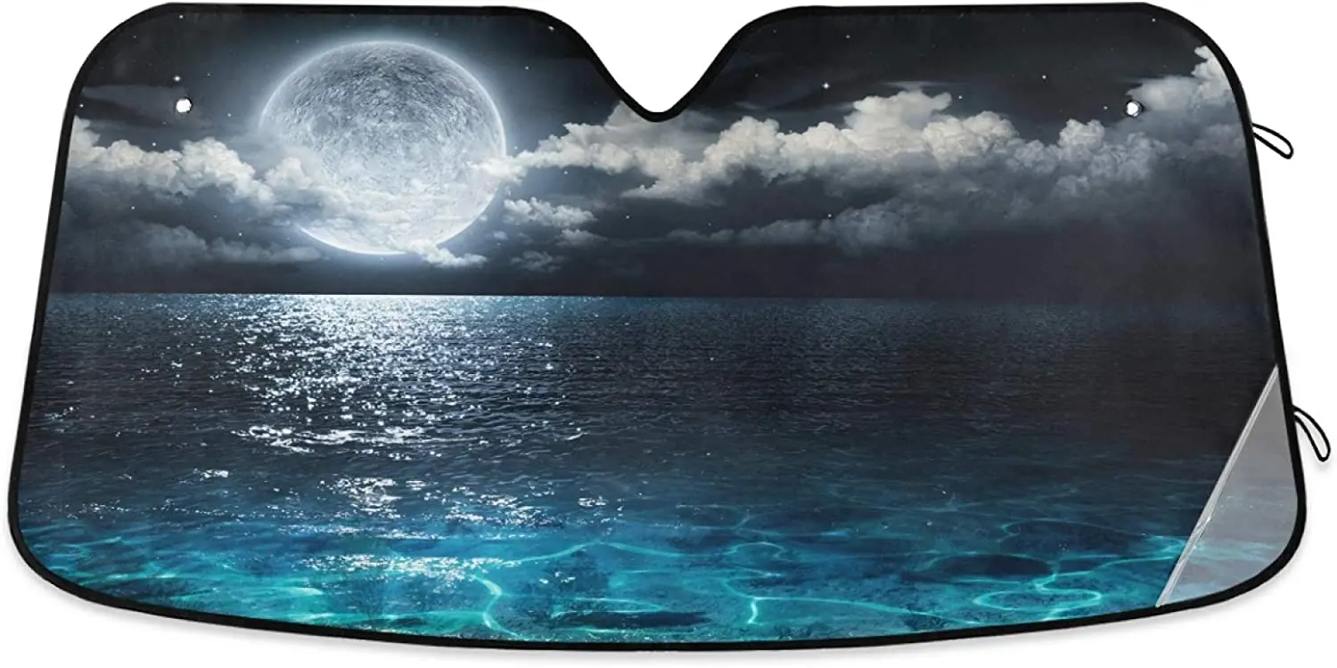 

Full Moon Sea Night Cloud Lights Car Windshield Sun Shade Romantic Ocean Scenic Panorama Sunshade Reflective UV Rays Protector K