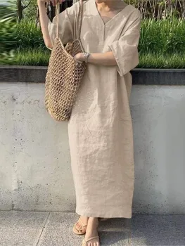 Casual Solid Color Cotton Linen Long Dresses Women Loose Short Sleeves V-neck Vintage Simple Style Lady Maxi Dress Summer New 1