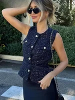 Women Sequin Blue Vest New Fashion With Belt Vests for Women 2024 Autumn Sleeveless Coat Streetwear Chic Waistcoat Tops