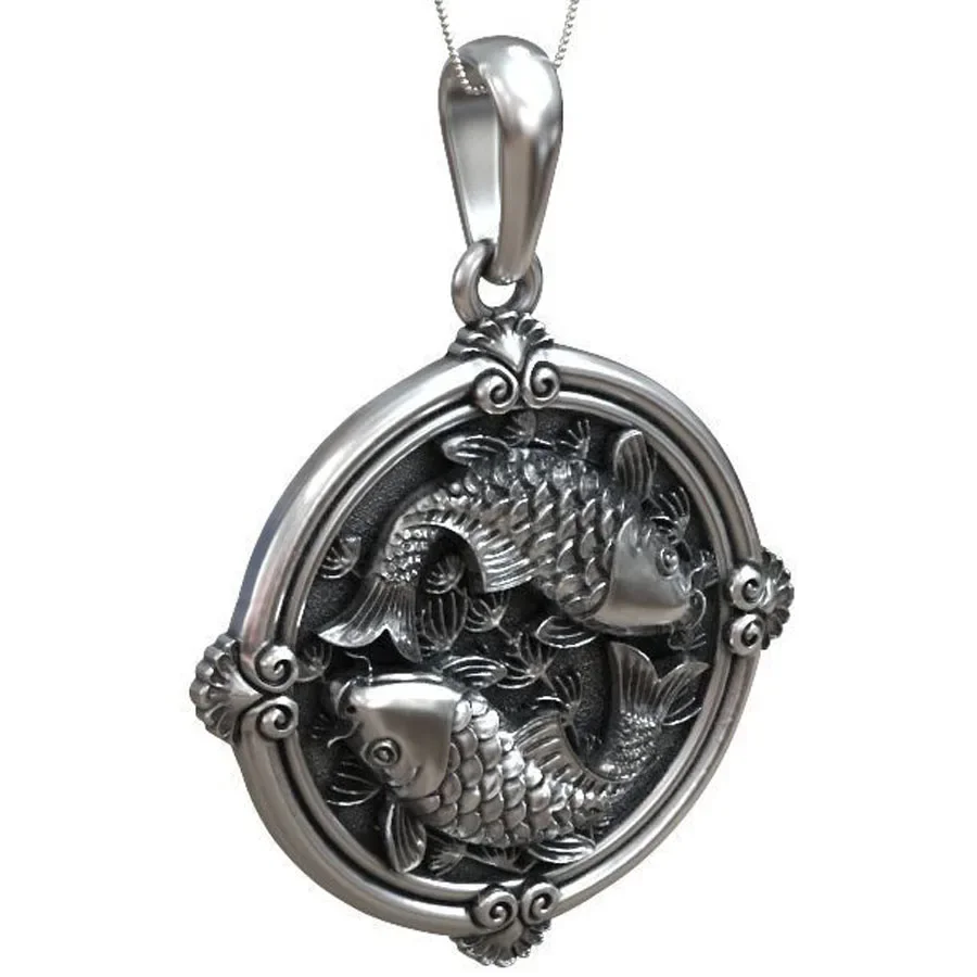 5g Art Relief Fishes Carp Koi Womens Round Small Gold Pendant  Customized 925 Solid Sterling Silver Pendants