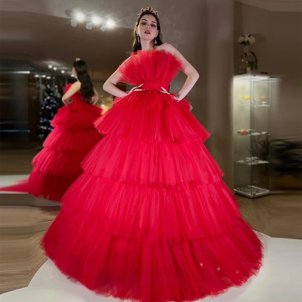 

Sevintage Red Tiered Ruffles Tulle Prom Dresses Strapless Beadings Pleat Ruched A-Line Evening Gowns Special Occasion Gown 2023