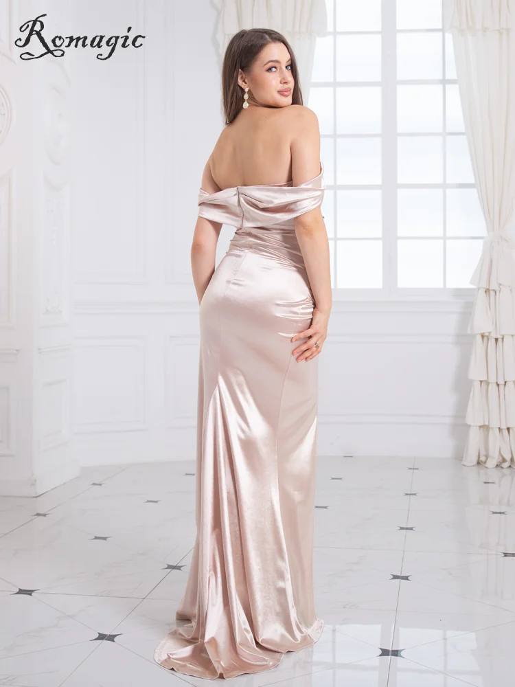 Romagic Fuchsia Off The Shoulder Strapless Bridesmaid Dress Padded Backless V Neck Pleated Satin Stretch Wedding Party Dresses