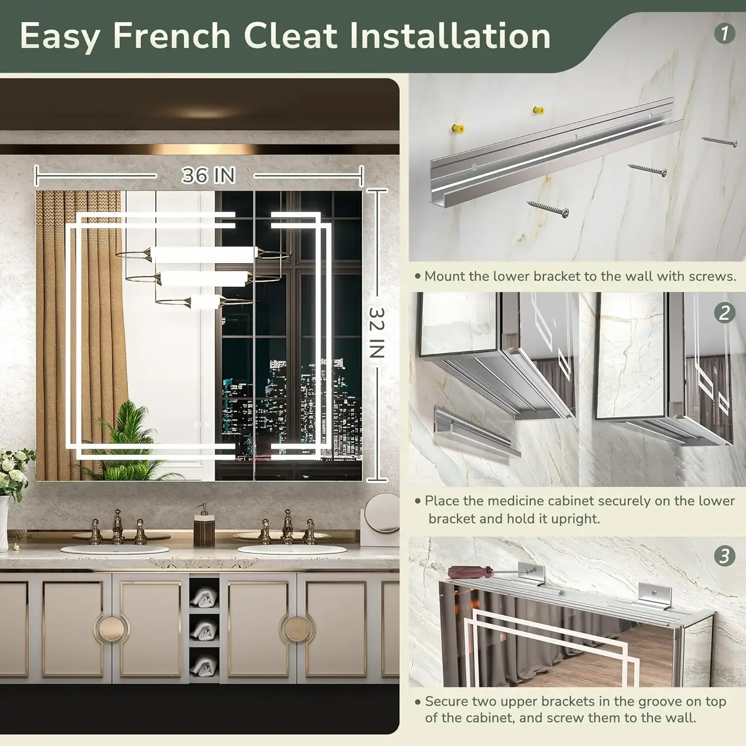 Lighted Bathroom Cabinet with 3 Colors Stepless Dimming Memory Funtion, Wall Mount Make up Mirror with Storage