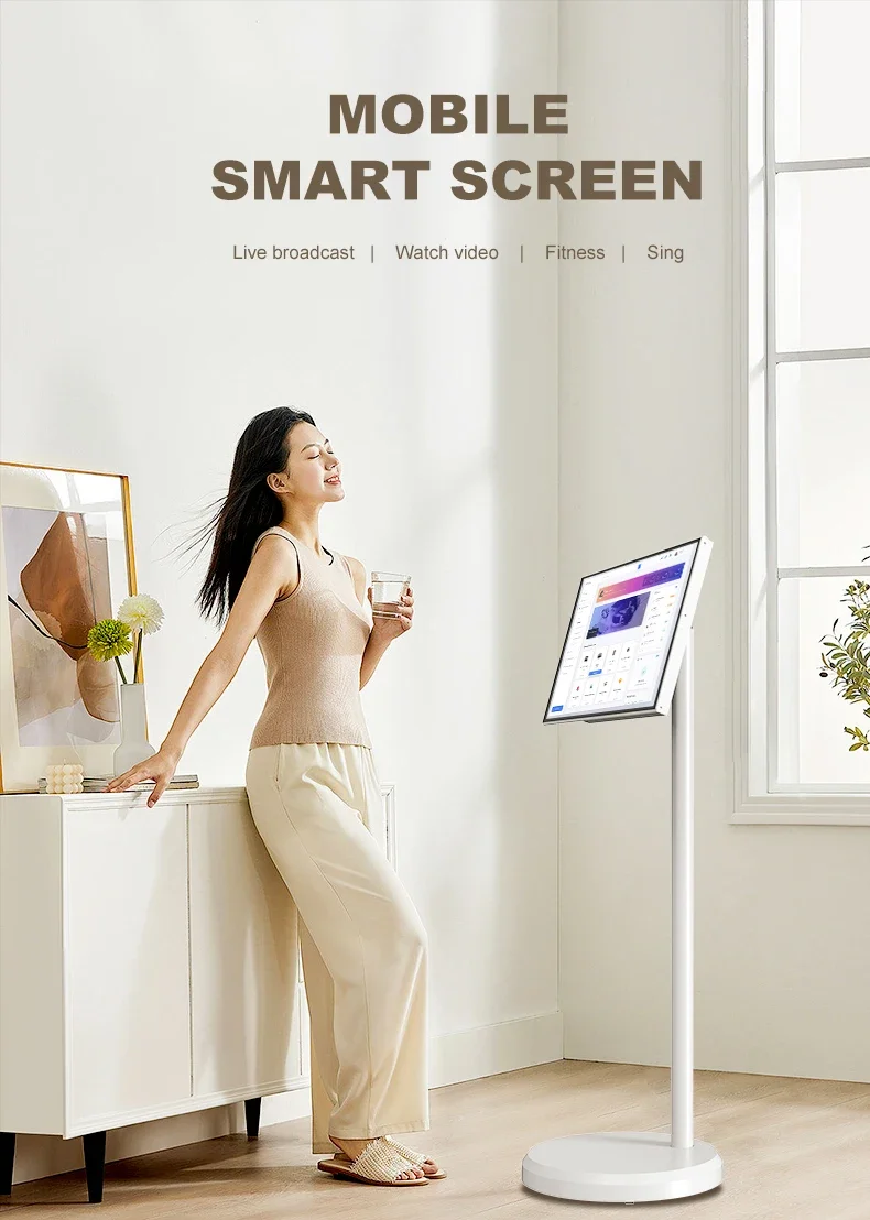 21.5 Inch Battery Power Touch Display Android 12 Smart Lcd Display On Wheels Full Hd Movable Smart Tvs For Live Room