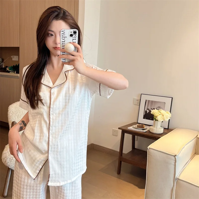 Women Pajamas Sets Pocket Solid Pijama Faux Silk Satin Lapel Pyjama Female Sleepwear Long Sleeve Shirt Pants Suits Homewear