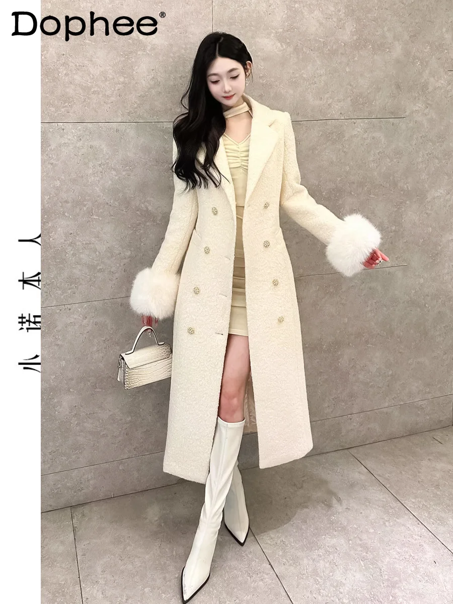 

Commute Style Mid-Length Woolen Coat Women Autumn Winter Detachable Woolen Oversleeve Double Breasted Fitted Waist Overcoat